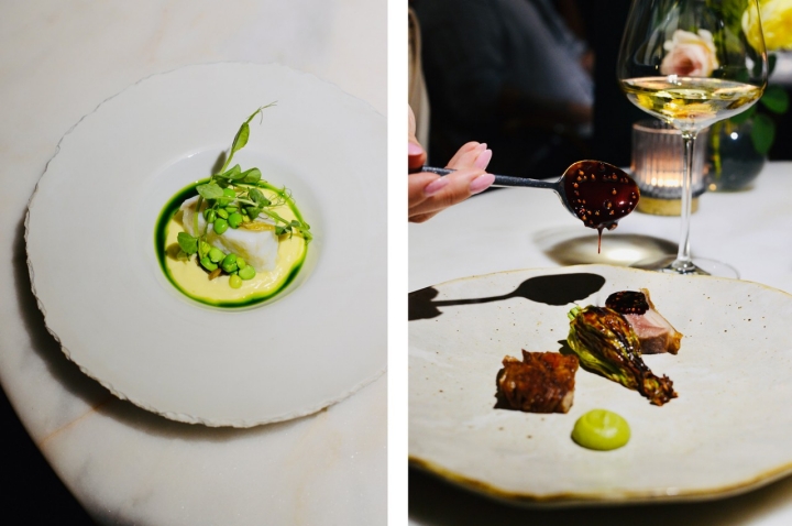 À esquerda, o bacalhau com ervilhas é feito com óleo de alho selvagem que é produzido pelos pais de Louise em França    