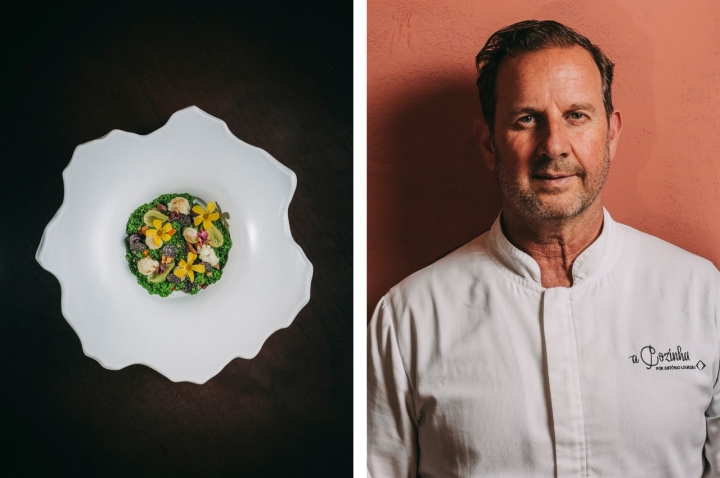 Bosque do Minho, feito com cogumelos, couve flor, gel de beterraba, sorrel dos bosques e um crumble de salsa e sobras de pão de massa mãe, à esquerda. 