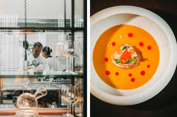   A sapateira mergulhada numa sopa de peixe e marisco, à direita.