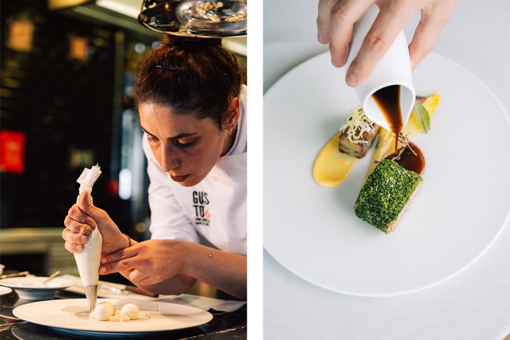 A italiana Federica Valleriani é a chef de pastelaria do restaurante. À direita, vitela com ervas e pistácio e terrina de batata