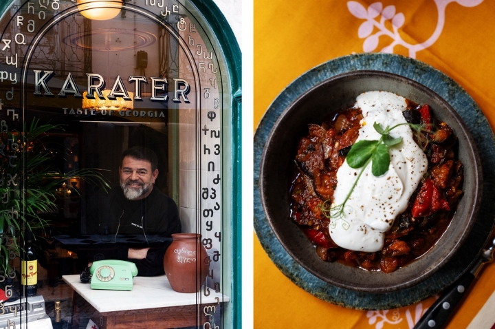 À esquerda, o chef Guram Baghdoshvili, que chegou a Portugal em 1999. À direita, ajapsandali, uma espécie de ratatouille da cozinha da Geórgia.