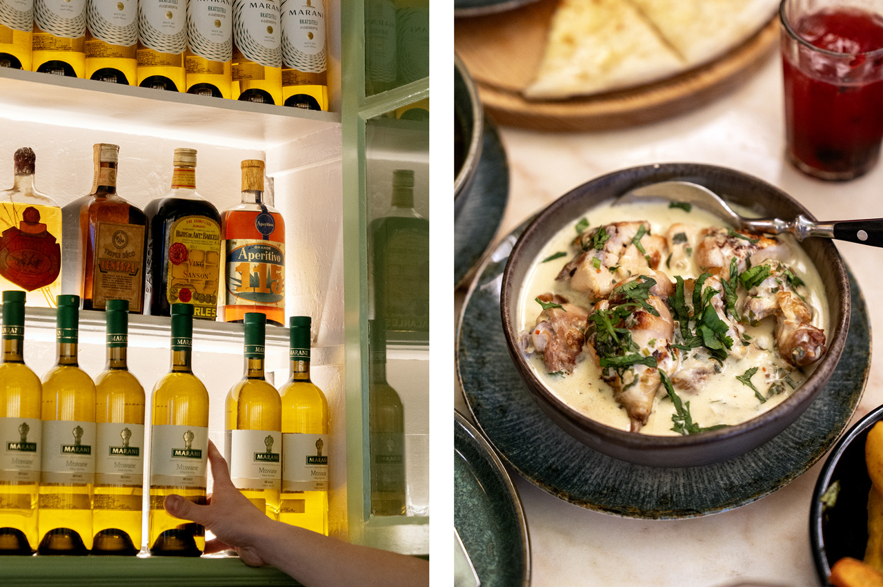 Nas prateleiras há garrafas antigas de aguardente e anis e outras mais modernas. Vale a pena experimentar o vinho de ânfora georgiano