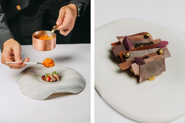 Arroz bomba, gambas e molho de caldeirada, à esquerda; e Chocolate com trufa, uma sobremesa de Joana Thöny, à direita