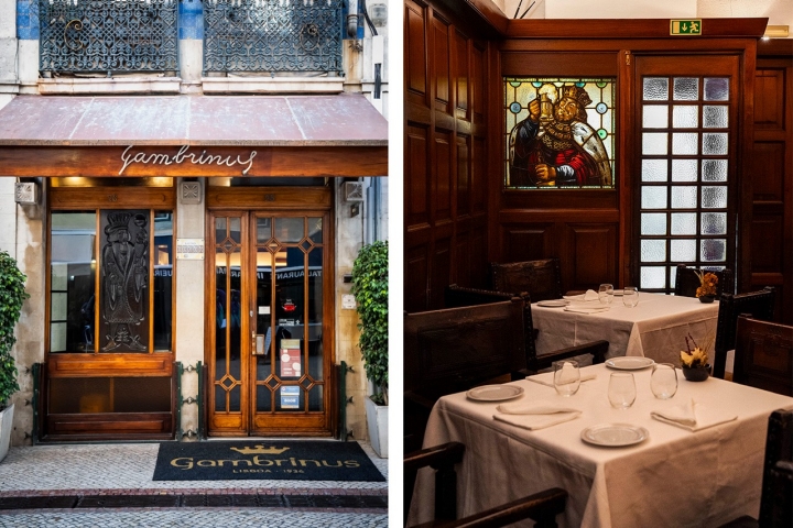 Imagen doble, entrada del restaurante e interior con vidrier