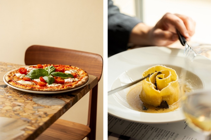 Pizza de mozarela e straciatella, à esquerda; e Pasta pappardella Ripiena di Ricotta e Tartufo, à direita 