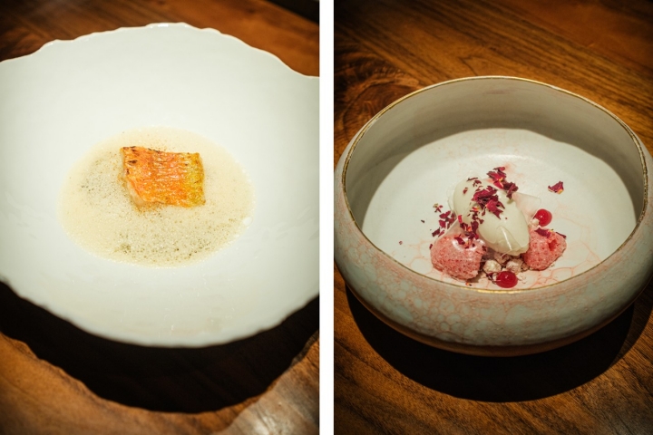 O intrigante arroz da terra e do mar com salmonete (à esquerda) e a pré-sobremesa de framboesa e pimenta rosa