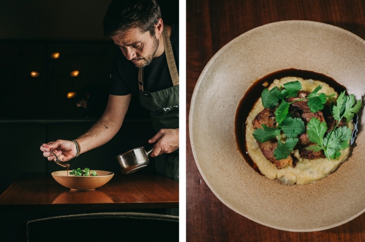  Rojões fumados servidos com xerém de berbigão e jus de porco