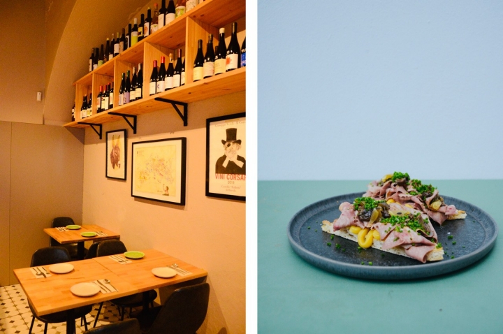 O Tua Madre quer ser conhecido como uma casa de vinhos com pequenos pratos. À direita, foccacia com língua de vaca