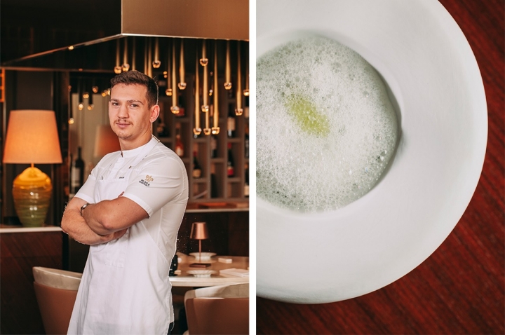 O chef Francisco Quintas aceitou o desafio de liderar a cozinha do Largo do Paço, o restaurante da Casa da Calçada. À direita, a enguia fumada.  