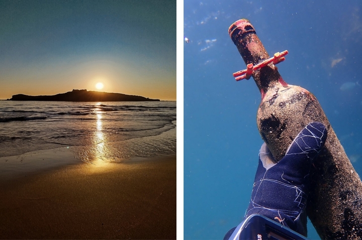 Ilha do Pessegueiro e uma das garrafas da Adega do Mar (Fotos: Clara Silva e Adega do Mar)