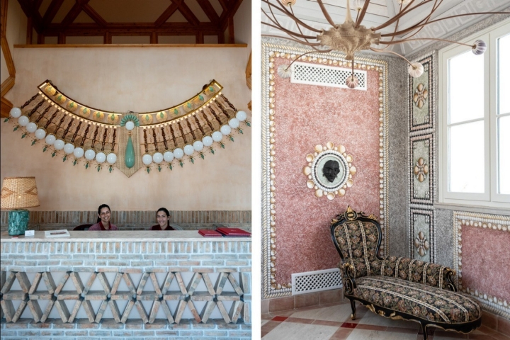 À esquerda, um lustre-mural dourado dá as boas-vindas na recepção, criação do Klove Studio. À direita, o candelabro de ouriços-do-mar de Nicolás Cesbron
