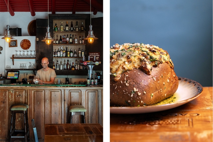 Uma das especialidades do Sítio da Pedralva é o bacalhau no pão, à direita, entre 15 e 27 euros