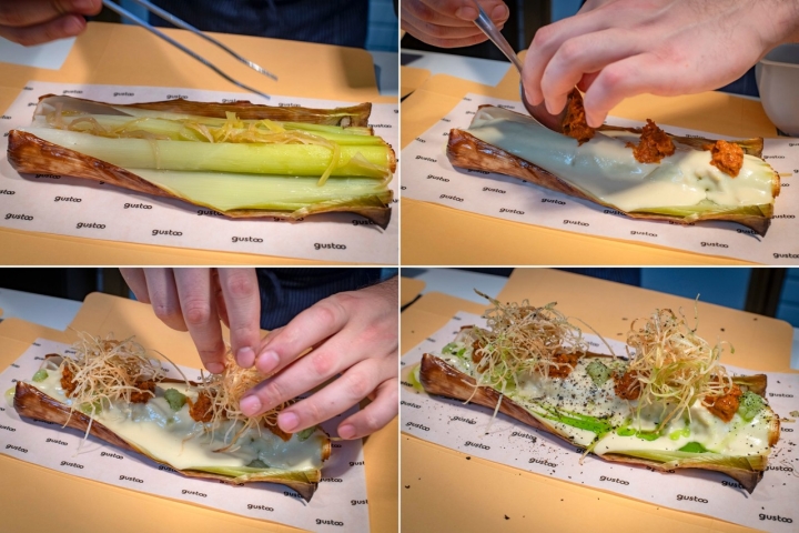 Fuera de carta:NUESTRO PUERRO: LA OPCIÓN VEGANA8 texturas y sabores con un único puerro.CremaCrujienteCaviarQuemadoCenizaCaramelizadoAceiteGermen de puerro