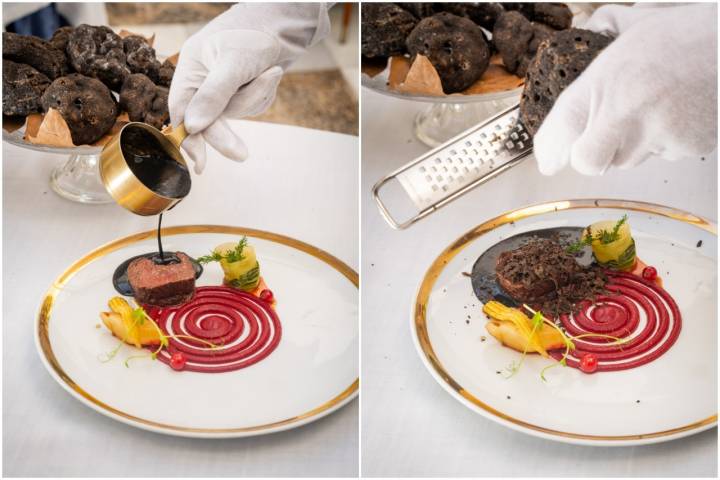 Lomo de venado asado y reposado sobre un cremoso de remolacha.