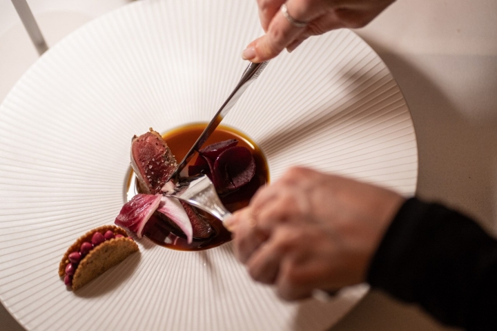 Pichón Royal de sus muslitos, remolacha encurtida y salsa de 5 especias chinas