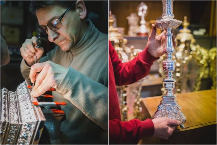 Francisco José Mateos, encargado del cincelado en 'Orfebrería Villarreal' y una pieza de candelería de palio.