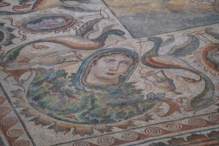 Detalle de uno de los importantes retratos que rodean el mosaico central en el 'oecus'.